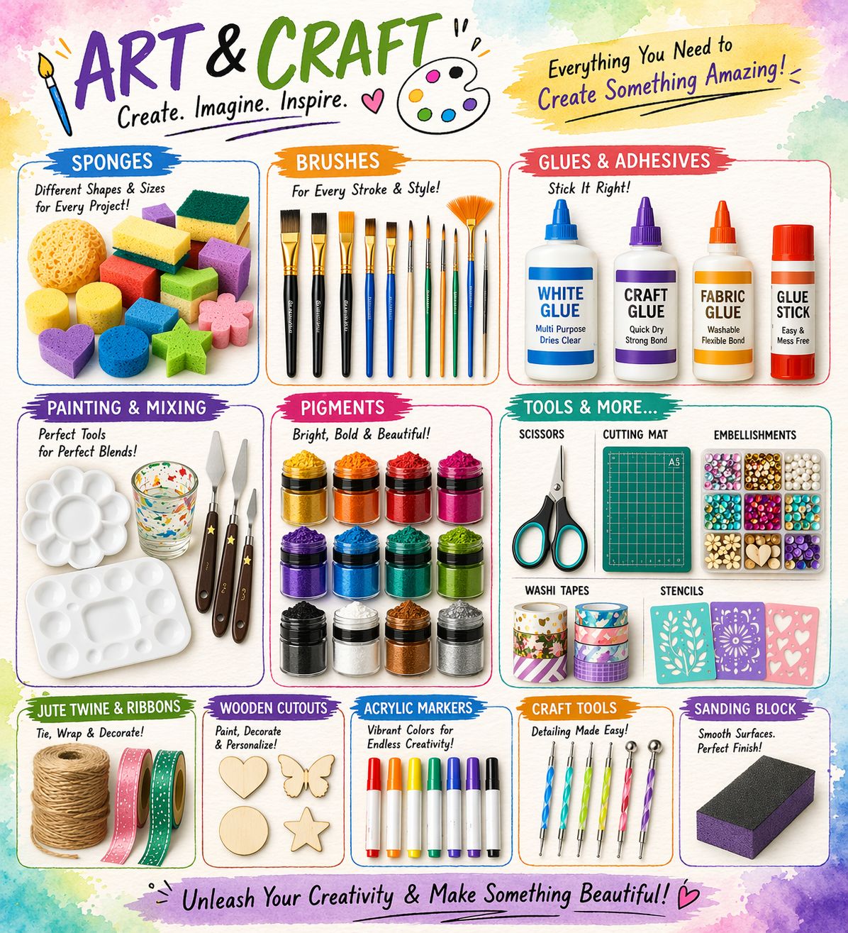 Art and craft accessories in Pakistan including paints, brushes, tools, and decorative supplies, ideal for DIY projects, creative artwork, and home décor crafting.
