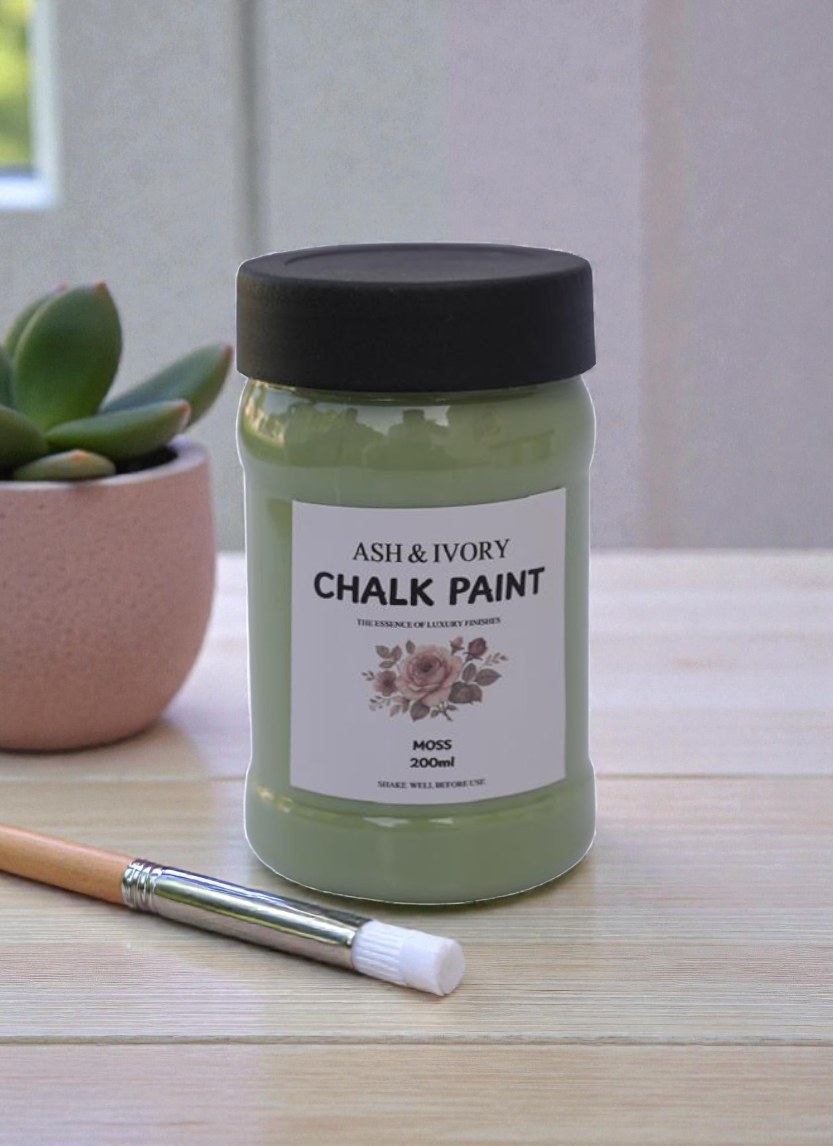 Moss Furniture Chalk Paint by Ash and Ivory in Pakistan, premium matte finish green chalk paint for furniture makeover, DIY home décor, wood and vintage furniture restoration paint with smooth easy application.