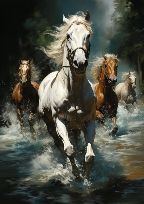 Artistic painting of four horses running through water in a forest setting
