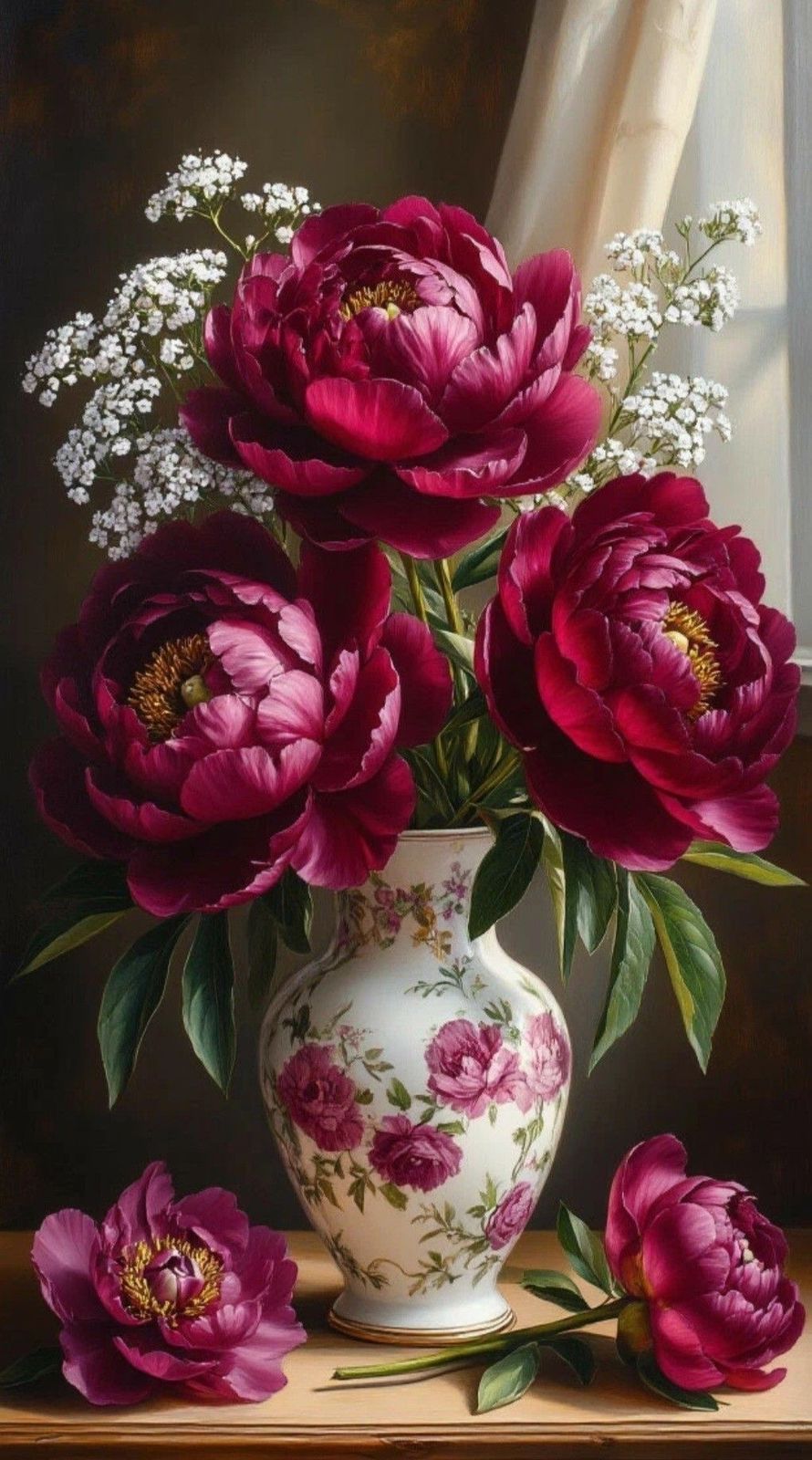 Thin translucent rice paper sheets for decoupage with Elegant floral art paper with pink peonies and white baby's breath