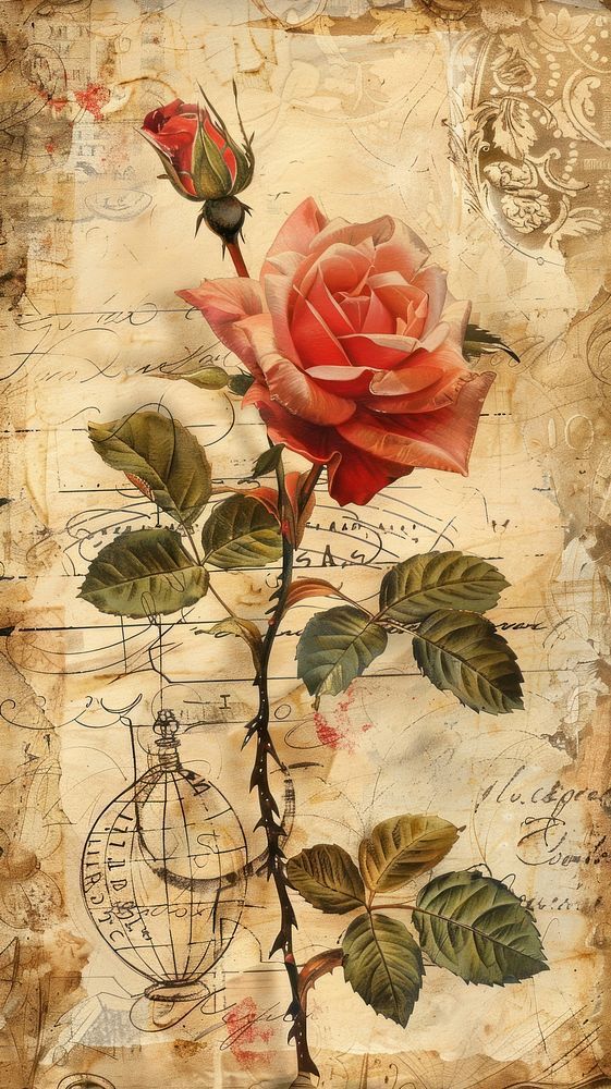 Thin translucent rice paper sheets for decoupage with floral red rose and botanical print designs