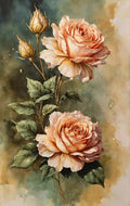 Elegant floral painting of peach roses with green leaves on watercolor background