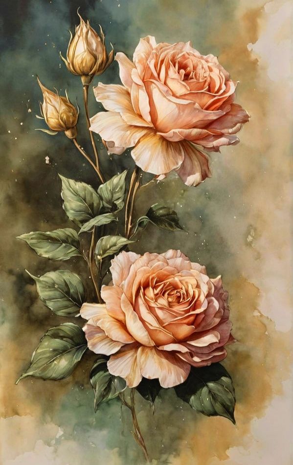 Elegant floral painting of peach roses with green leaves on watercolor background