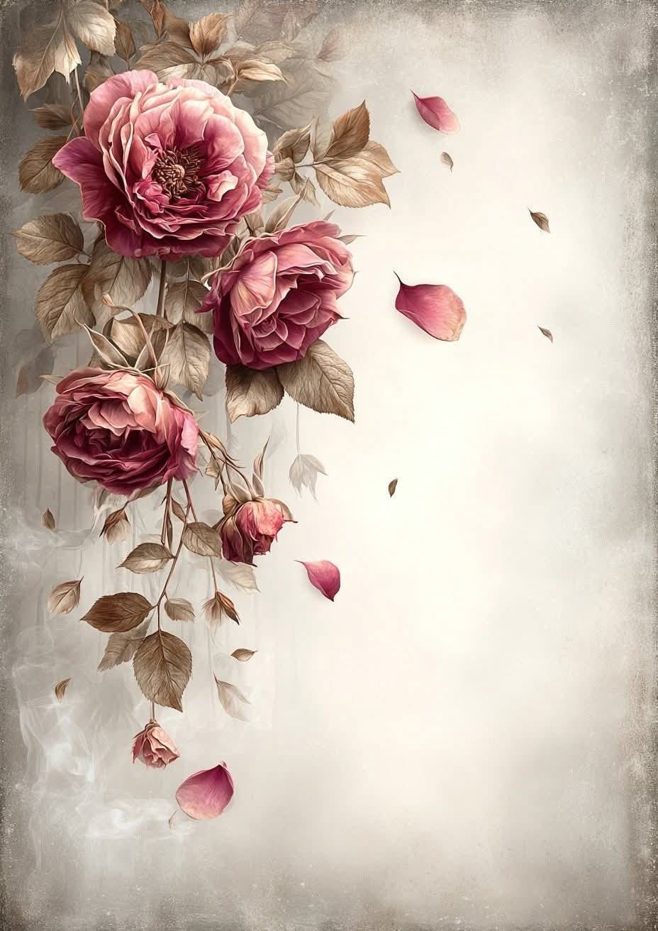 Thin translucent rice paper sheets for decoupage with Elegant floral art paper with pink roses and falling petals for crafts