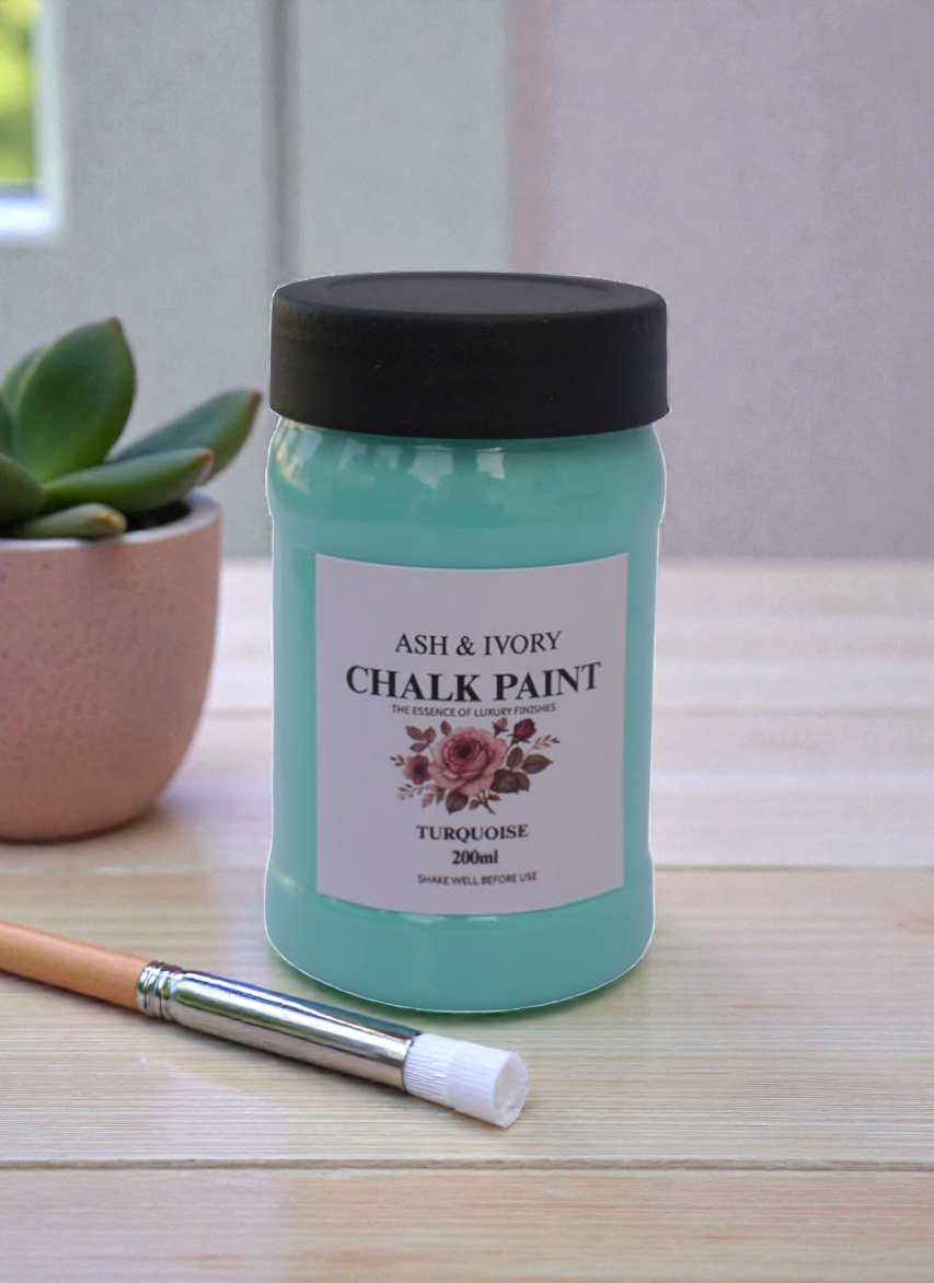 Ash and Ivory turquoise chalk paint on wooden furniture — matte finish, no sanding required, Pakistan